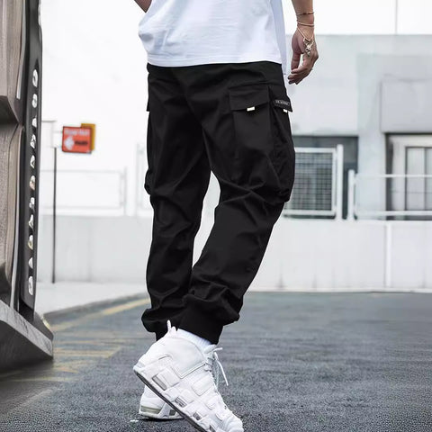 Men’s Multi-Pocket Cargo Pants – Hip-Hop Streetwear Drawstring Trousers