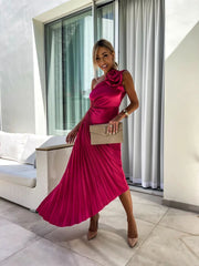 Women’s One-Shoulder Pleated Dress – Rose Flower Asymmetrical Evening Party Outfit