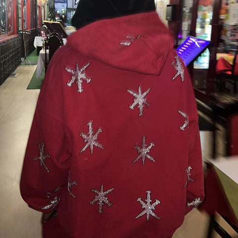 Rhinestone Star Zip Hoodie – Red & Black Streetwear Pullover