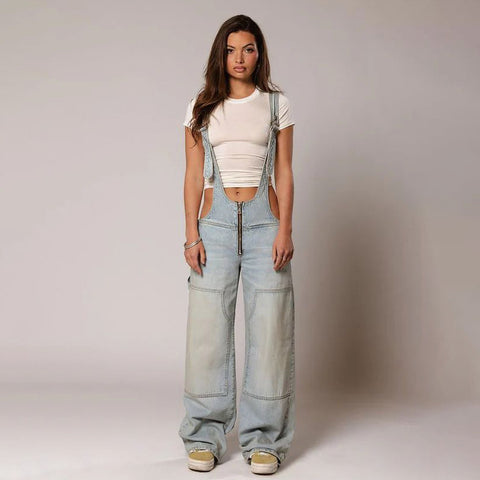 Women’s Y2K Denim Overalls – Loose Streetwear Jumpsuit with Zipper & Pockets