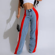 2025 High Waist Wide-Leg Denim Pants – Patchwork Streetwear Trousers with Three Stripes