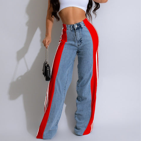 2025 High Waist Wide-Leg Denim Pants – Patchwork Streetwear Trousers with Three Stripes