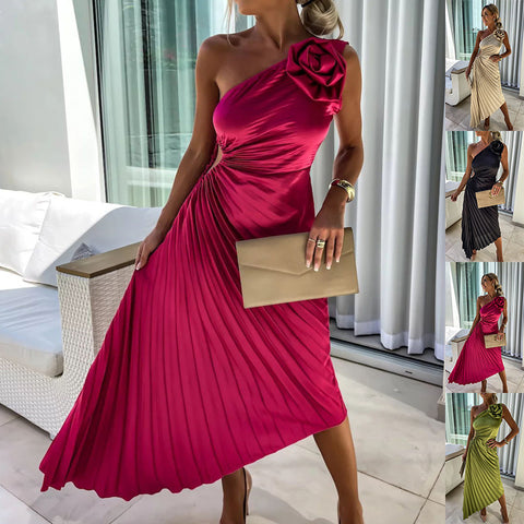 Women’s One-Shoulder Pleated Dress – Rose Flower Asymmetrical Evening Party Outfit