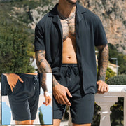 Men’s Two-Piece Summer Set – Short Sleeve Lapel Shirt & Shorts Streetwear Suit