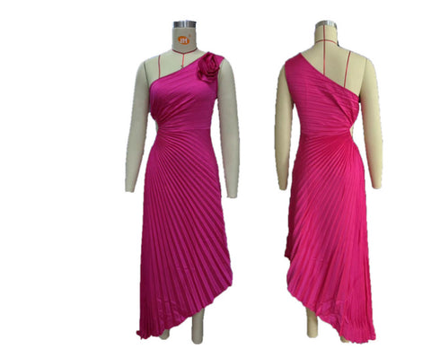 Women’s One-Shoulder Pleated Dress – Rose Flower Asymmetrical Evening Party Outfit