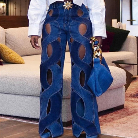 Women’s Cutout Flare Denim Pants – Hollow Criss-Cross Streetwear Jeans