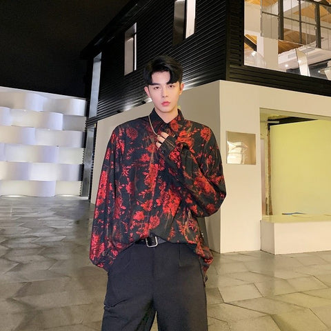 Men’s Floral Streetwear Shirt – Hip Hop Party Casual Button-Up Top
