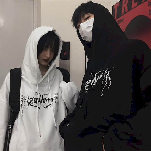Men’s Gothic Lightning Print Hoodie – Streetwear Oversized Fleece Sweatshirt