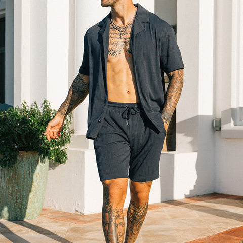 Men’s Two-Piece Summer Set – Short Sleeve Lapel Shirt & Shorts Streetwear Suit