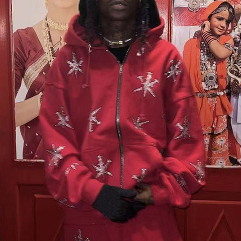 Rhinestone Star Zip Hoodie – Red & Black Streetwear Pullover