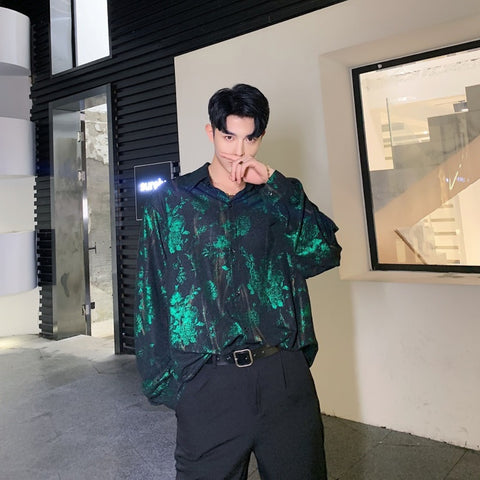 Men’s Floral Streetwear Shirt – Hip Hop Party Casual Button-Up Top