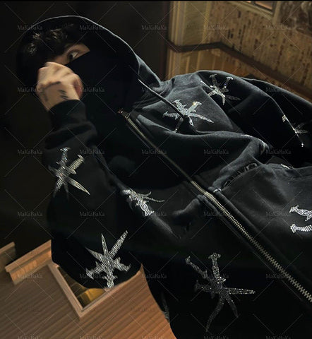 Rhinestone Star Zip Hoodie – Red & Black Streetwear Pullover