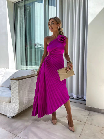 Women’s One-Shoulder Pleated Dress – Rose Flower Asymmetrical Evening Party Outfit