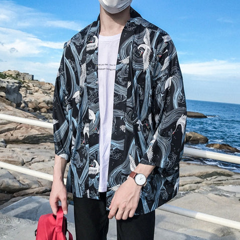 Men’s Japanese Kimono Jacket – Printed Streetwear Cardigan Coat