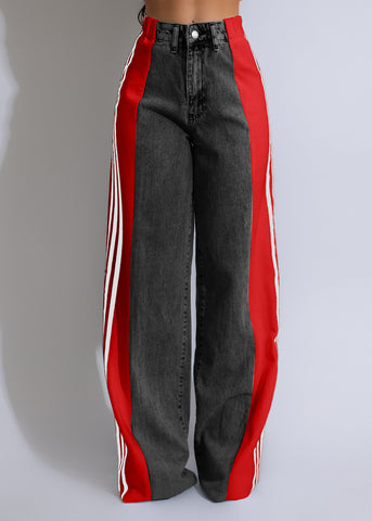 2025 High Waist Wide-Leg Denim Pants – Patchwork Streetwear Trousers with Three Stripes