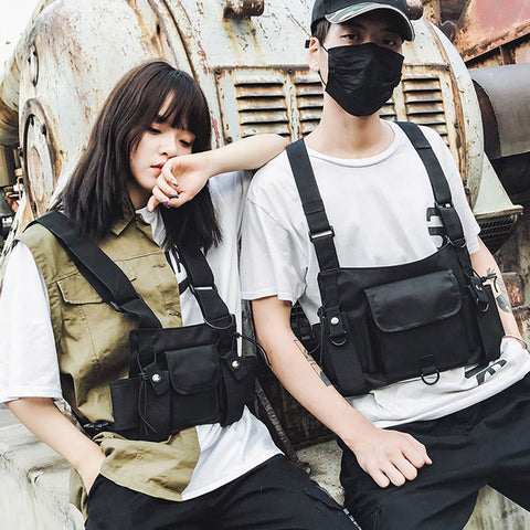 Unisex Black Streetwear Chest Rig Bag Vest Style Waist Pack