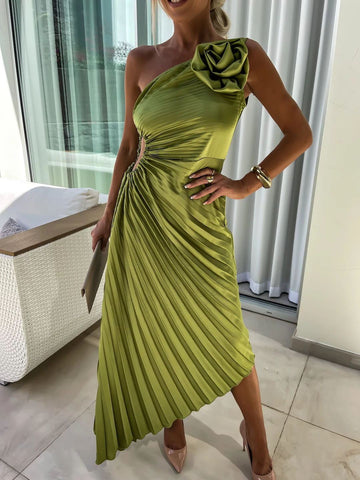 Women’s One-Shoulder Pleated Dress – Rose Flower Asymmetrical Evening Party Outfit