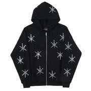 Rhinestone Star Zip Hoodie – Red & Black Streetwear Pullover