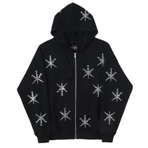 Rhinestone Star Zip Hoodie – Red & Black Streetwear Pullover