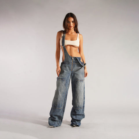 Women’s Y2K Denim Overalls – Loose Streetwear Jumpsuit with Zipper & Pockets