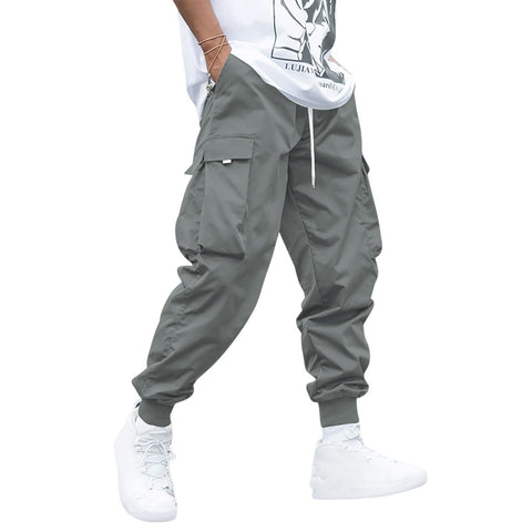 Men’s Multi-Pocket Cargo Pants – Hip-Hop Streetwear Drawstring Trousers