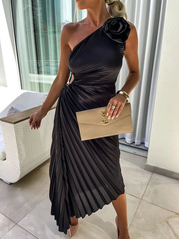 Women’s One-Shoulder Pleated Dress – Rose Flower Asymmetrical Evening Party Outfit