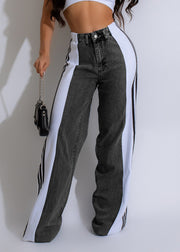 2025 High Waist Wide-Leg Denim Pants – Patchwork Streetwear Trousers with Three Stripes