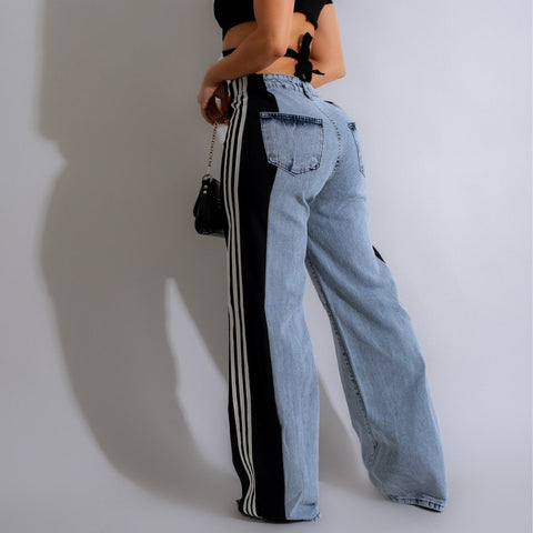 2025 High Waist Wide-Leg Denim Pants – Patchwork Streetwear Trousers with Three Stripes