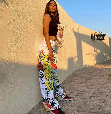 Women’s Spray Paint Wide-Leg Pants – Gothic High-Waist Streetwear Trousers
