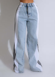 2025 High Waist Wide-Leg Denim Pants – Patchwork Streetwear Trousers with Three Stripes