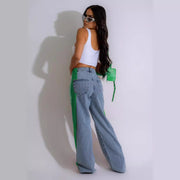 2025 High Waist Wide-Leg Denim Pants – Patchwork Streetwear Trousers with Three Stripes