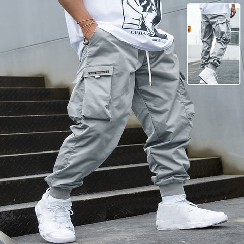 Men’s Multi-Pocket Cargo Pants – Hip-Hop Streetwear Drawstring Trousers
