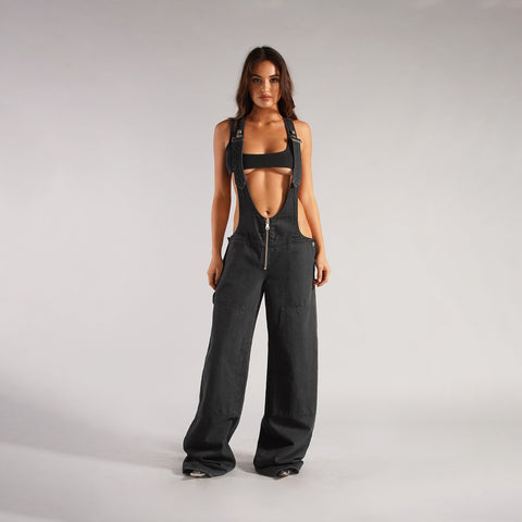 Women’s Y2K Denim Overalls – Loose Streetwear Jumpsuit with Zipper & Pockets