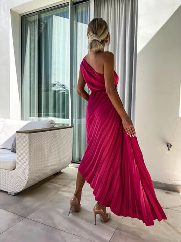Women’s One-Shoulder Pleated Dress – Rose Flower Asymmetrical Evening Party Outfit