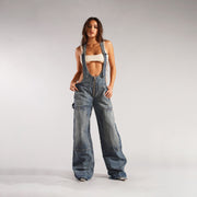 Women’s Y2K Denim Overalls – Loose Streetwear Jumpsuit with Zipper & Pockets