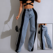 2025 High Waist Wide-Leg Denim Pants – Patchwork Streetwear Trousers with Three Stripes