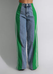2025 High Waist Wide-Leg Denim Pants – Patchwork Streetwear Trousers with Three Stripes