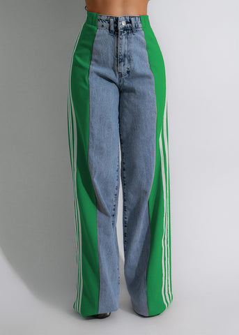 2025 High Waist Wide-Leg Denim Pants – Patchwork Streetwear Trousers with Three Stripes