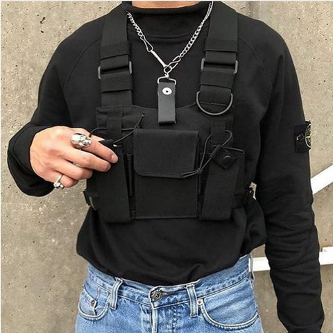 Unisex Black Streetwear Chest Rig Bag Vest Style Waist Pack